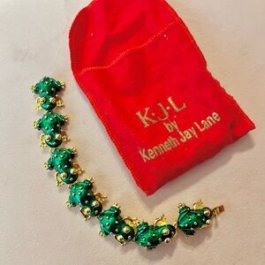Kenneth Jay Lane Emerald Frog Bracelet with Gold Details